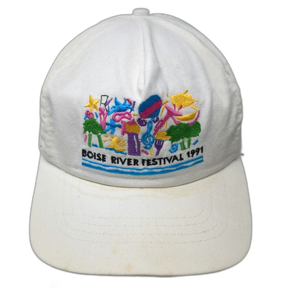 Trucker White Hat OS Boise River Festival 1991 Embroidery Strapback Teal Vintage